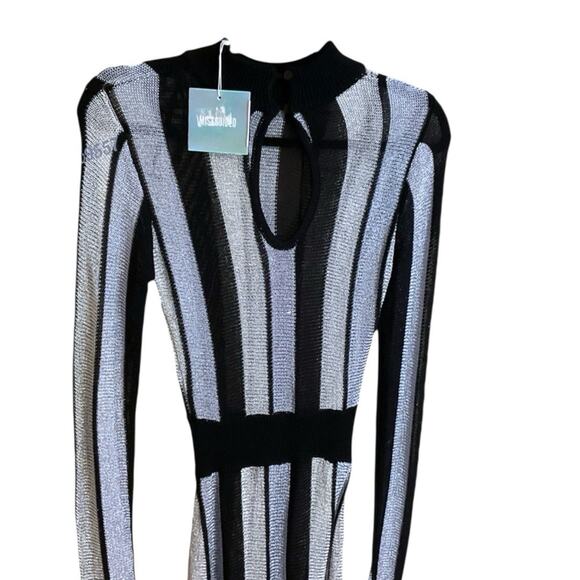 Missguided Black Silver Striped Sweater Knit Dress Sz S Sheer Mini Bodycon Party - Picture 11 of 16
